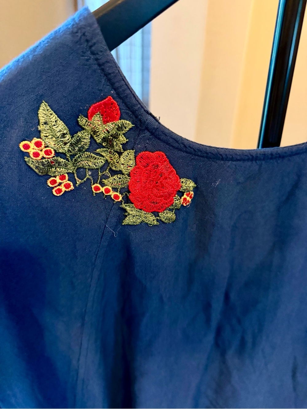Navy Sleep Dress with Red Floral Embroidery